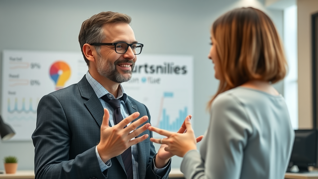 business professional confidently presenting brand message, illustrating sincere brand voice to client