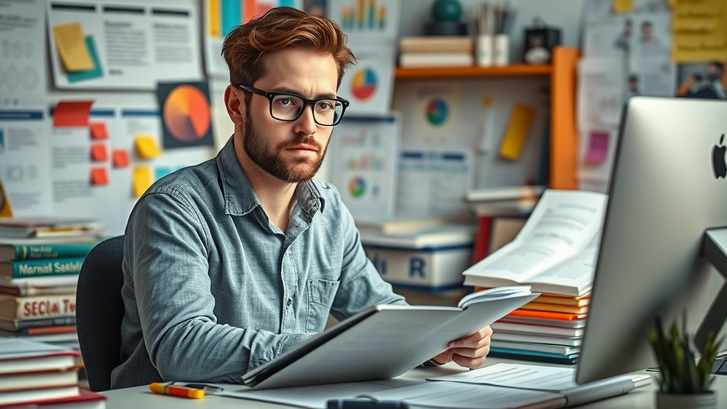 organized workspace confident writer researching SEO content writing and keywords