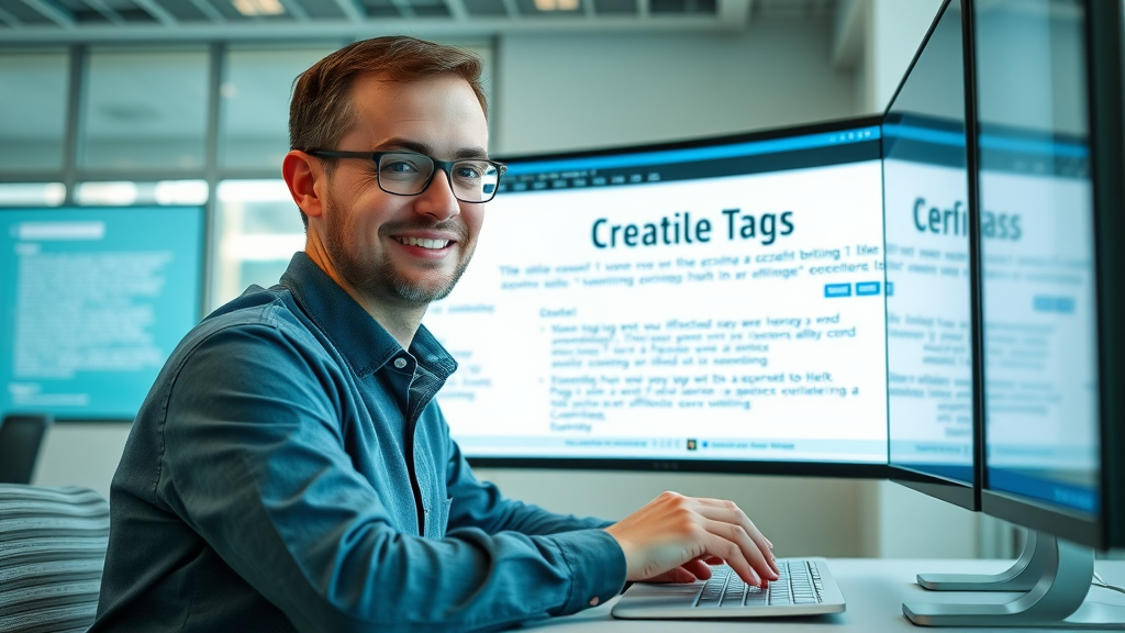 Marketer optimizing title tags on a large display for better on-page SEO and higher rankings.