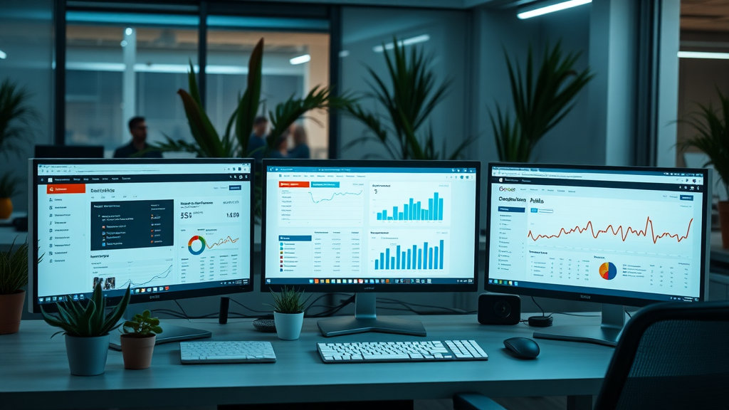 Workspace with analytics dashboards for content marketing strategies