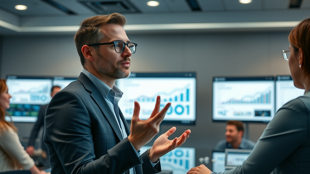marketing strategist presenting video marketing analytics data in a team meeting, positive report visuals displayed in a conference room, video analytics impact discussion