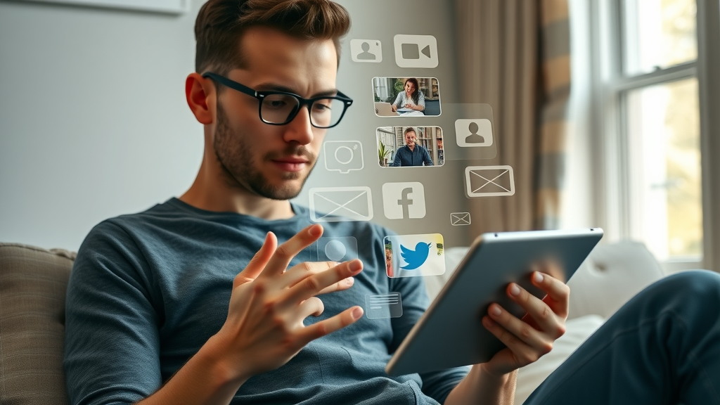 person browsing social media app interfaces, analyzing platform options, choosing video distribution for social media video marketing
