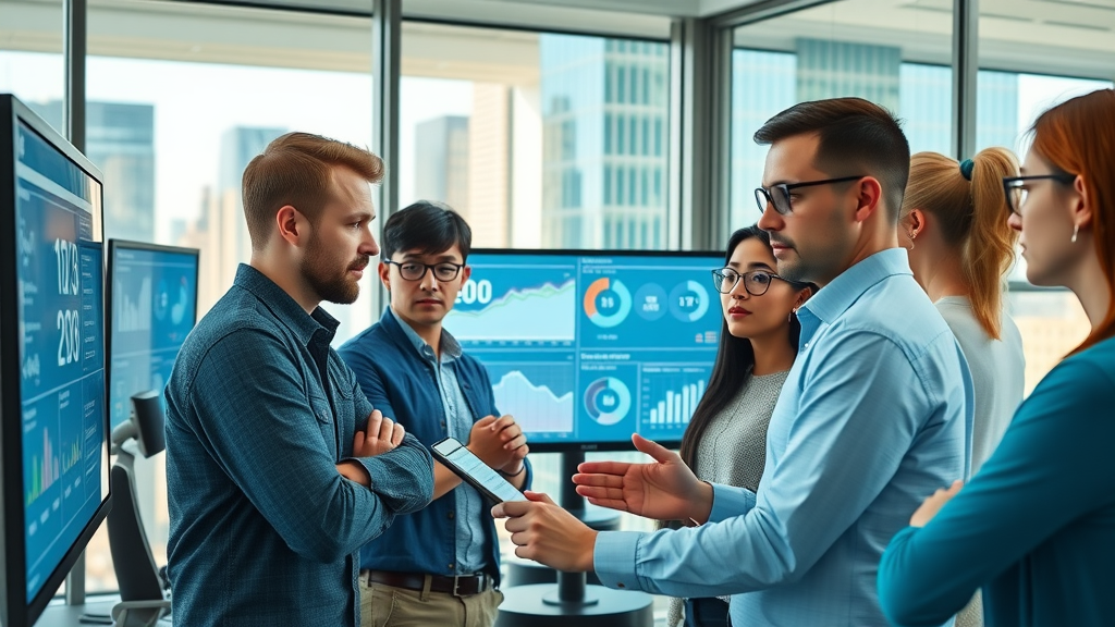 social media analytics digital marketing team office real-time dashboard cityscape