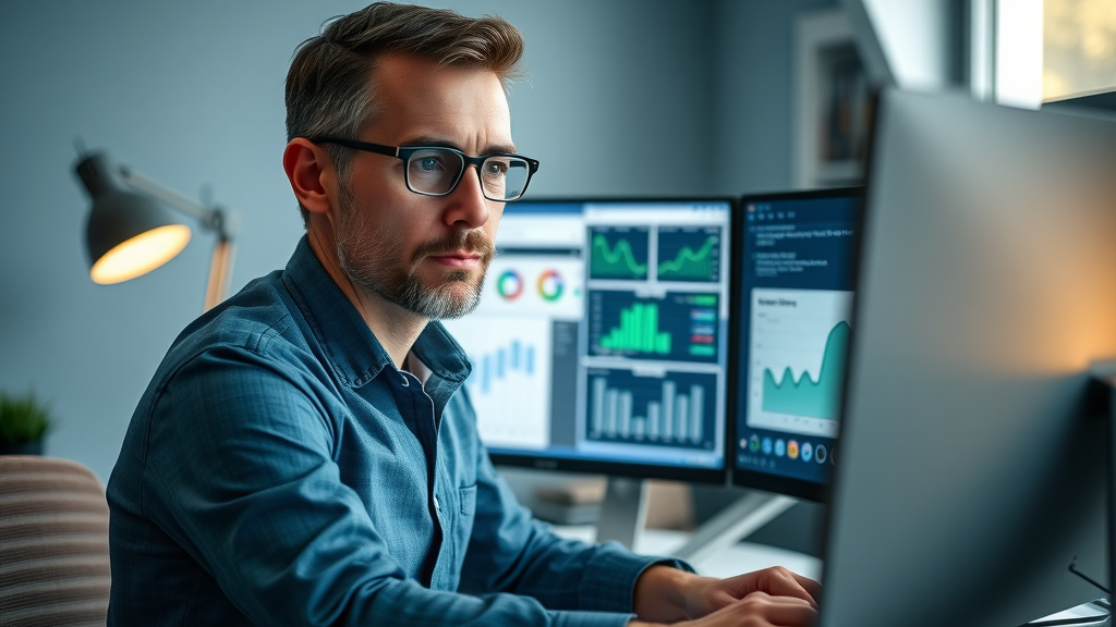 SEO specialist optimizing video metadata using analytics tools in a professional office workstation