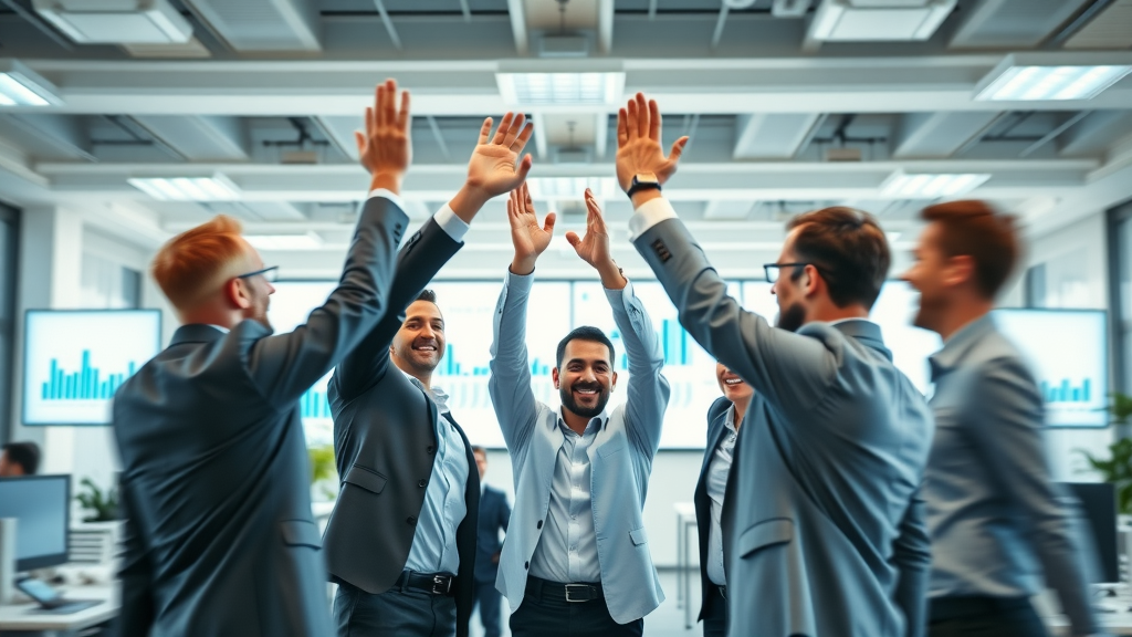 Celebratory business team high-fiving after successful marketing campaign led by a part-time chief marketing officer.