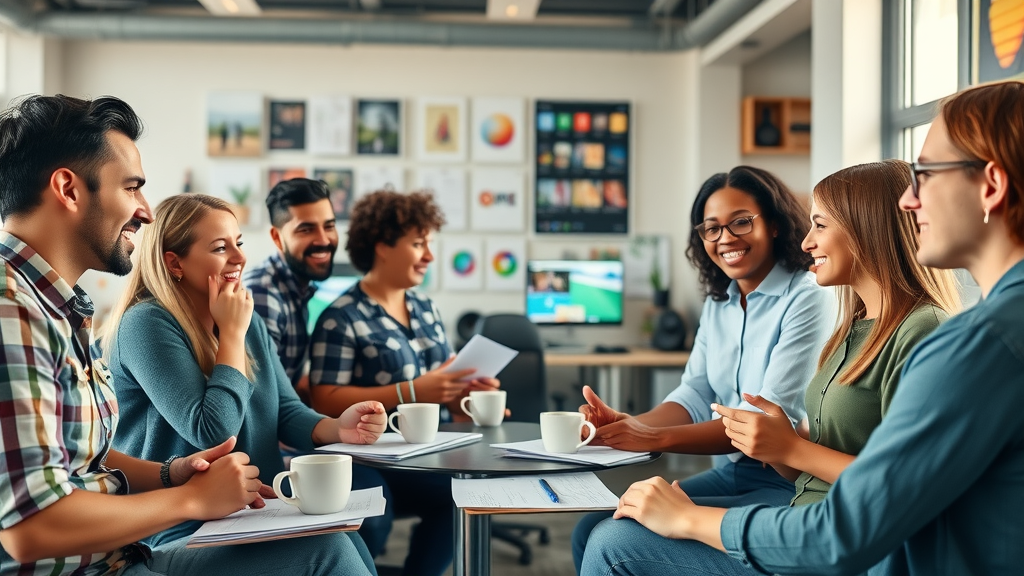 vibrant creative workspace with content creators collaborating, modern studio, content creation tips