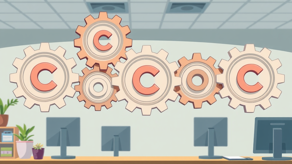 Five gears representing the five Cs of content marketing strategy: Clarity, Consistency, Creativity, Channel, Conversion
