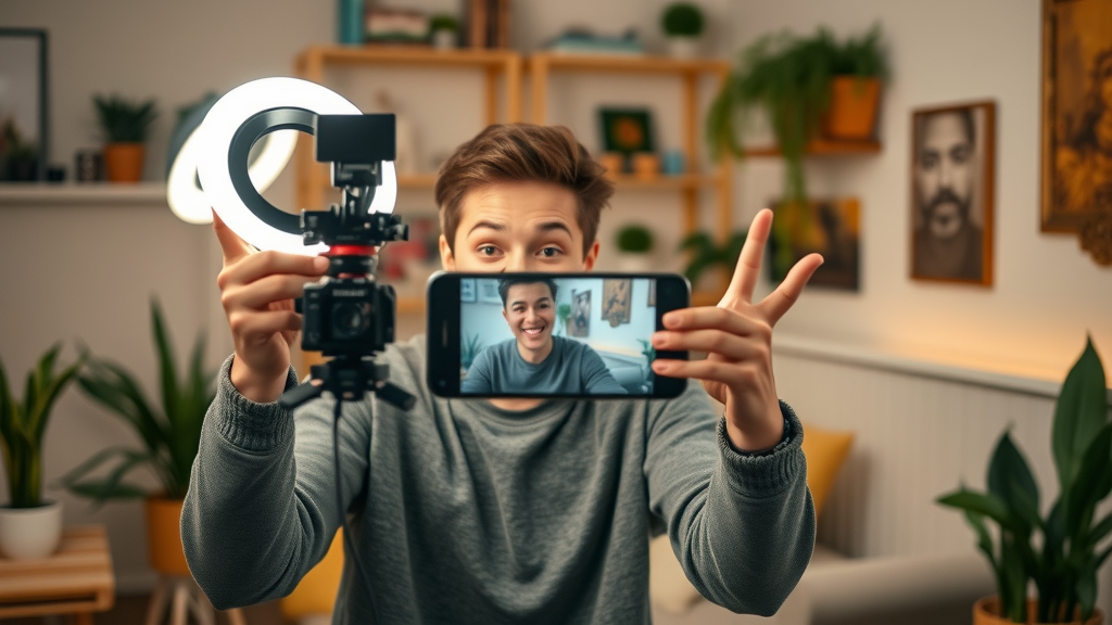 young content creator starting a short video with energetic gestures in a trendy home studio