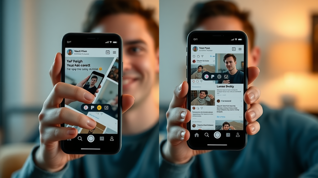 Split-screen: paid social media ad versus organic social post, two styled phones, animated reaction icons side-by-side