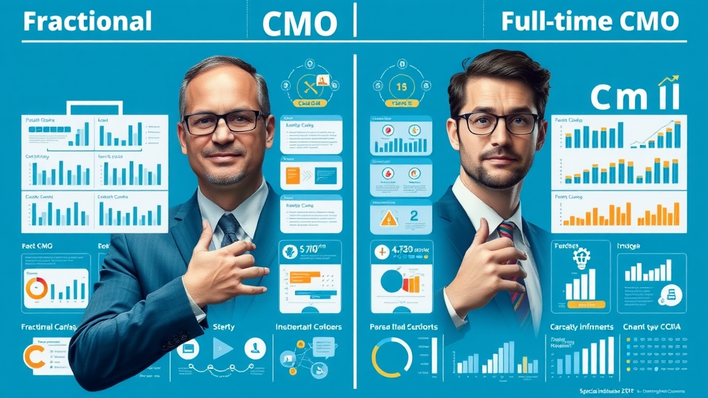 Comparative infographic showing fractional CMO vs. full-time CMO roles and responsibilities, blue corporate palette
