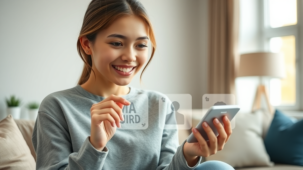 happy young woman purchasing products via shoppable video content in living room