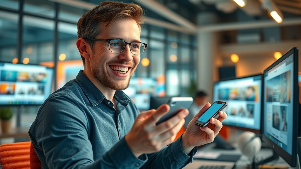 digital marketer sending email and SMS campaigns from modern workspace with campaign dashboard in view for digital marketing