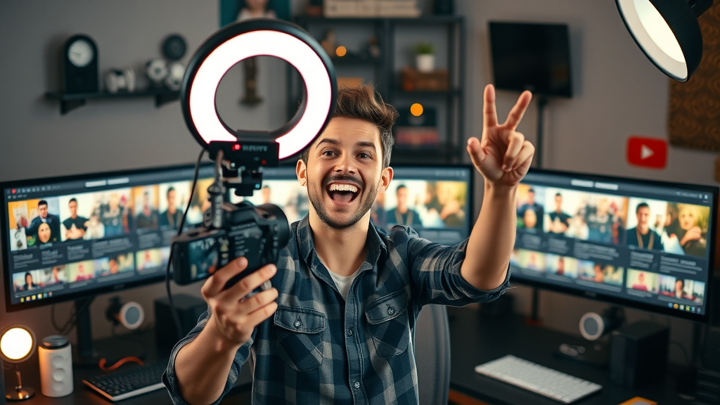 Content creator using YouTube, surrounded by trending video thumbnails