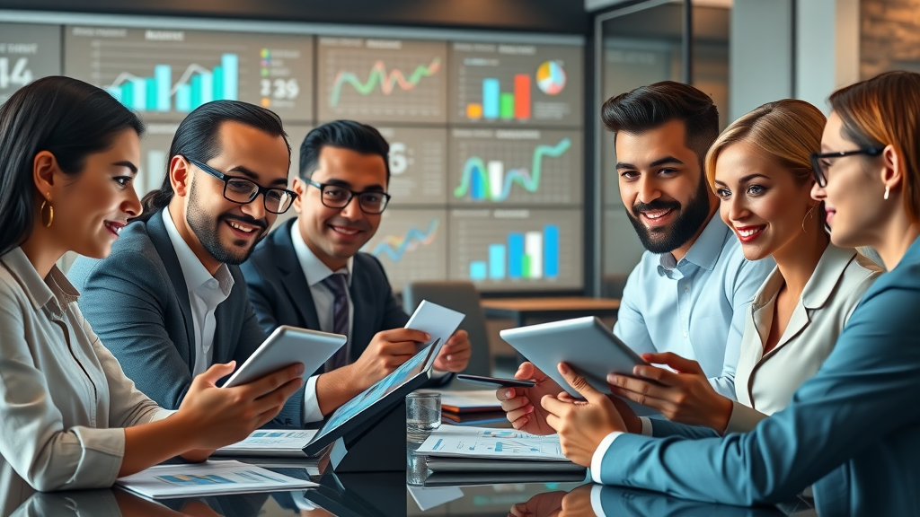 diverse business team, analyzing target market personas, corporate branding success, business boardroom with digital graphs, animated charts, digital tablets, vibrant visual identity
