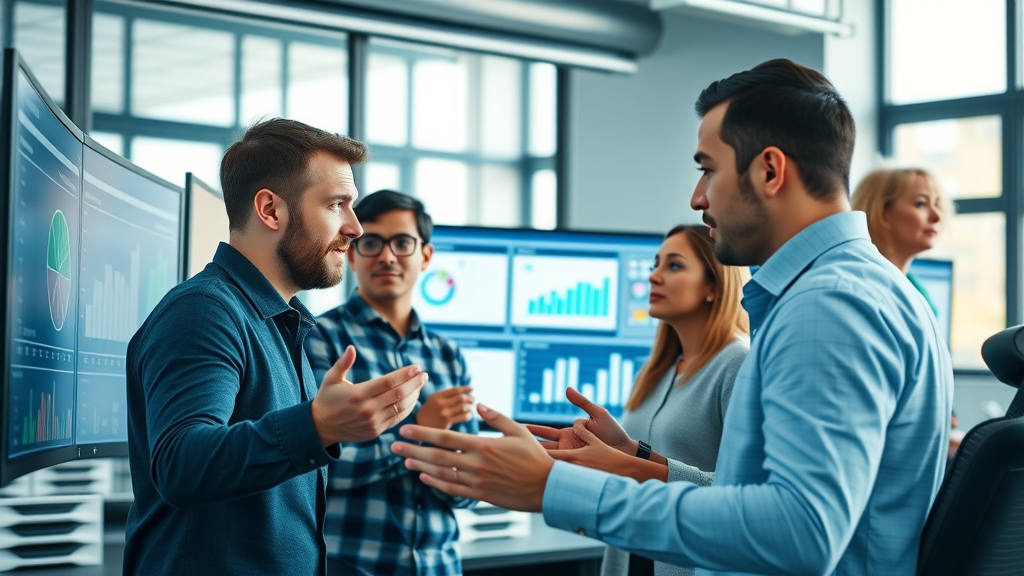 dynamic digital marketing professionals analyzing video marketing analytics dashboards in a modern office, charts and graphs visible, video marketing analytics discussion, photorealistic setting