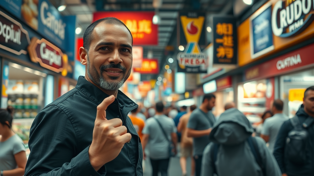 Brand position visualized as a unique brand outshining competitors in a busy marketplace