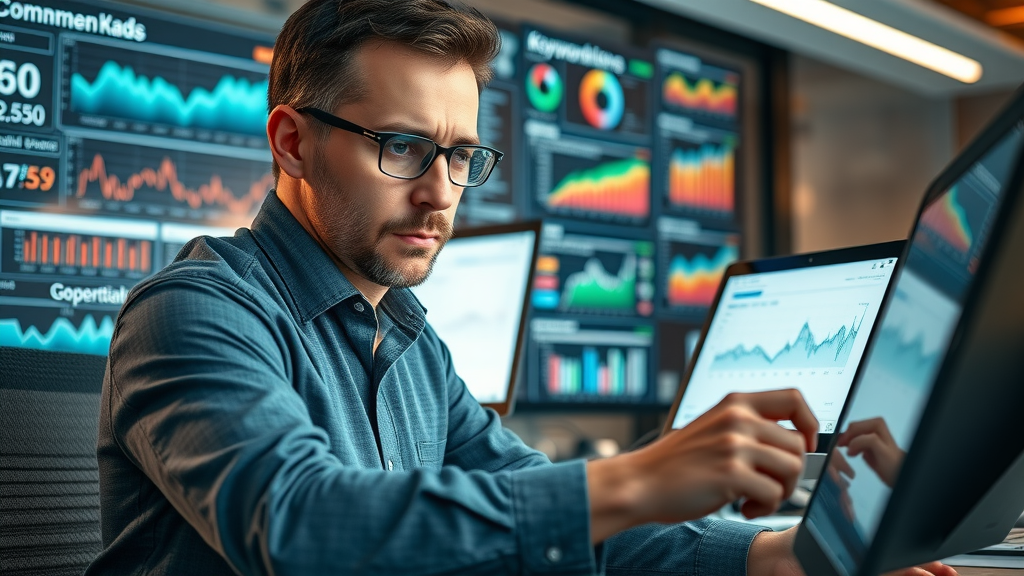 Focused SEO strategist performing comprehensive keyword research in a tech-inspired workspace with analytics and keyword lists.