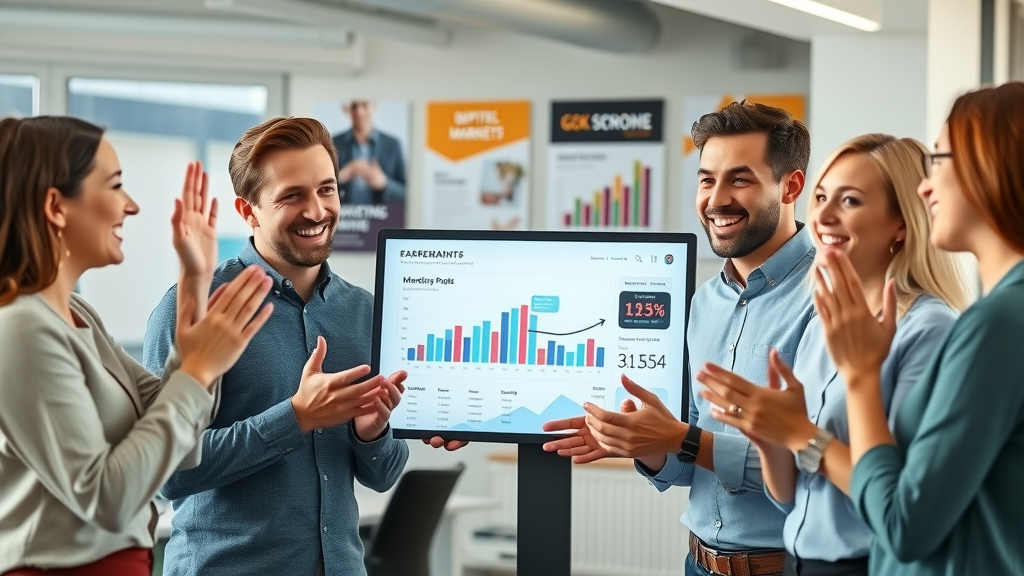 Optimistic small business team celebrating positive marketing results, cost-effective marketing management, digital dashboard, marketing data